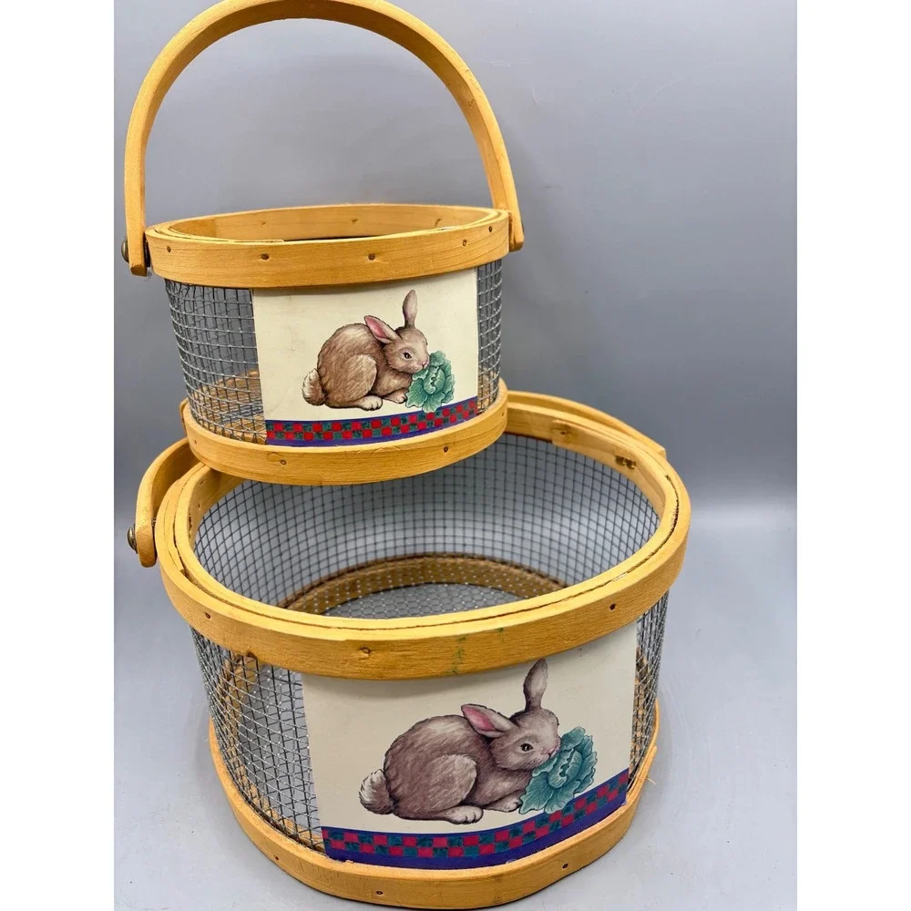 Vtg Baskets Wooden Chicken Wire Rabbit Bunny Print‎ Rustic Spring Easter Nesting